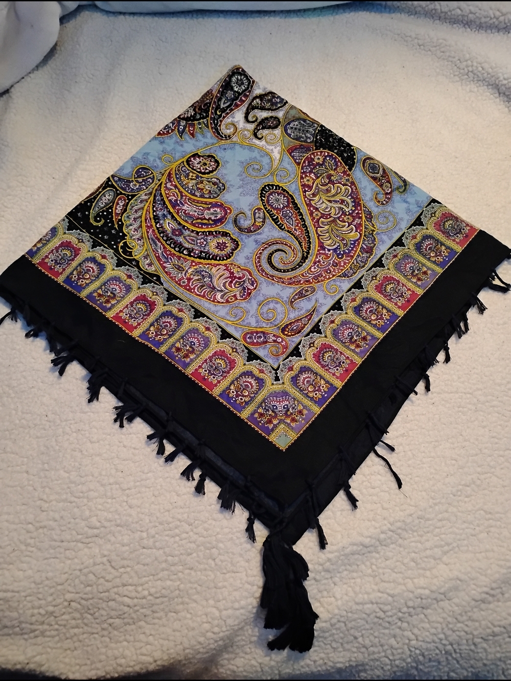 Paisley Large Fringe Square Scarf in Black and Light Blue